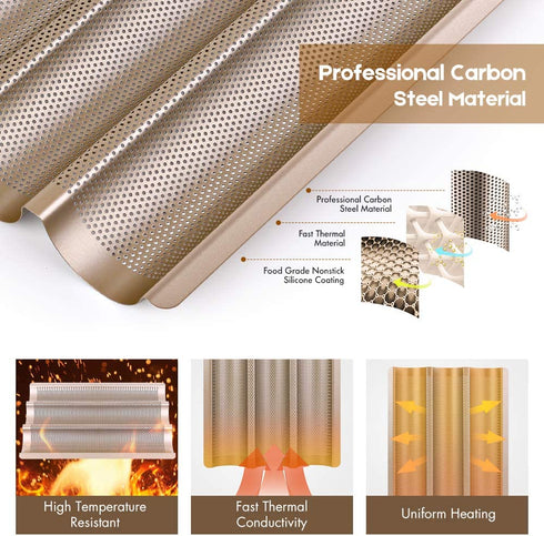 Amagabeli Nonstick French Baguette Pans for Baking 15?x11? Carbon Steel 3 Loaf Perforated Bread Tray Baguette Baking Tray Bake Mold Toast Cooking Oven Toaster Pan Cloche Waves Bakeware Golden