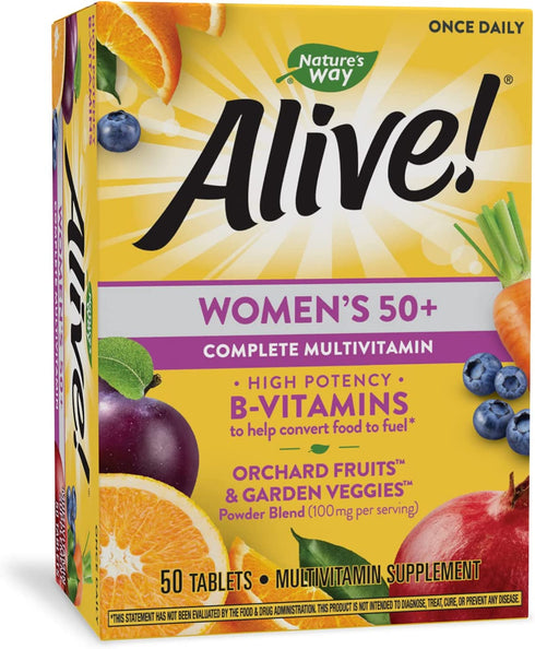 Nature’s Way Alive! Women’s 50+ Complete Multivitamin, Supports Whole Body Wellness*, Supports Cellular Energy*, B-Vitamins, Gluten-Free, 50 Tablets