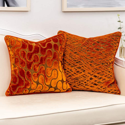 Yangest Burnt Orange Velvet Geometric Square Throw Pillow Cover Wavy Line Cushion Case Modern Zippered Pillowcase for Sofa Couch Bedroom Living Room Chair, 18 x 18 Inch