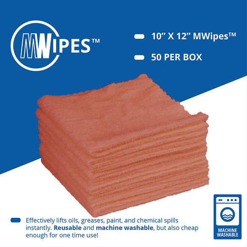 Microfiber Rags in A Box (50 Count) - Mwipes - 10" x 12" Reusable Wipes for Cleaning - Edgeless Terry Towels, Shop Rags, Wash, Dust, Disposable, House, Small Cleaning Cloths (Red)
