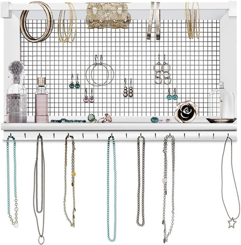 Comfify Rustic Jewelry Organizer - Wall Mounted Jewelry Holder w/Removable Bracelet Rod, Shelf & 16 Hooks - Perfect Earrings, Necklaces & Bracelets Holder - Pure White