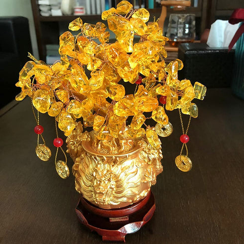 Feng Shui Decor Plants Flowers Artificial Trees Yellow Crytal Citrine Money Tree with Chinese Dragon Flowerpot About 7.1 Inches with Rotating Sandalwood Base Chinese Copper Coin String Decoration