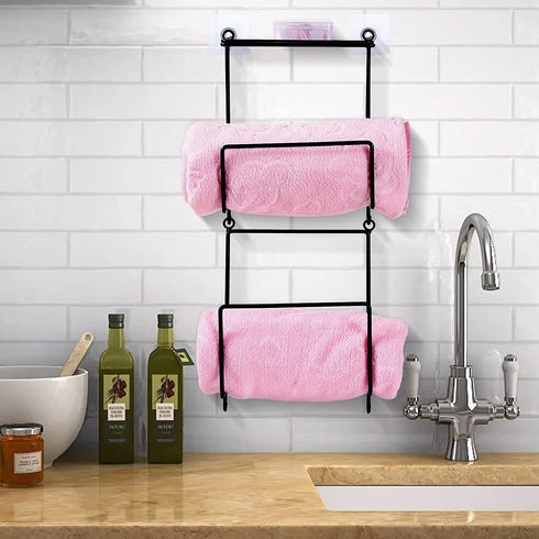 Towel Rack Holder Set Wall Mounted with Top Shelf & Hook - Towels Organizer for Storage of Washcloths, Hand Towels - Modern Wall Decorative for Spa, Salon, Modern Design?Black?