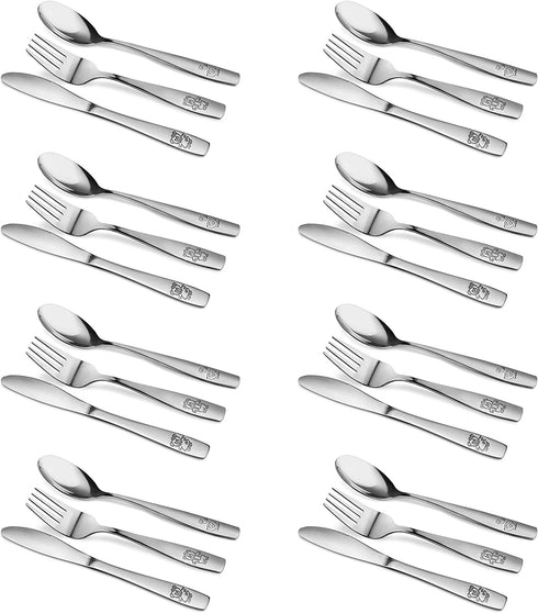 24 Piece Stainless Steel Kids Cutlery, Child and Toddler Safe Flatware, Kids Silverware, Kids Utensil Set Includes 8 Knives, 8 Forks, 8 Spoons, Total of 8 Place Settings, Ideal for Home and Preschools