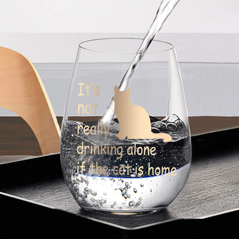 It's Not Really Drinking Alone if the Cat is Home Stemless Wine Glass, Funny Cat Lover Wine Glass for Women Cat Lady Friends Sisters Mom Grandma, Wine Glass for Birthday Christmas Present, 15 Oz