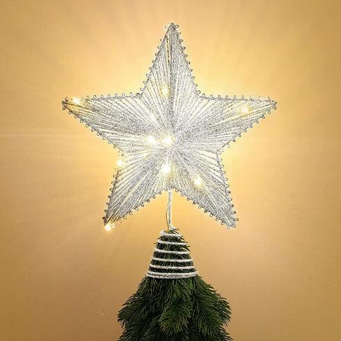 Roylvan Star Tree Topper, Glitter Christmas Star Tree Top Light, Battery Powered Decorative Treetop Light Xmas Tradition Tree Ornament for Home Decor, 9.8 x 11.8 inch, Silver
