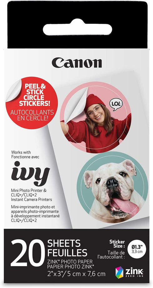 Canon IVY ZINK Pre-Cut Circle Sticker Paper, 20 Sheets