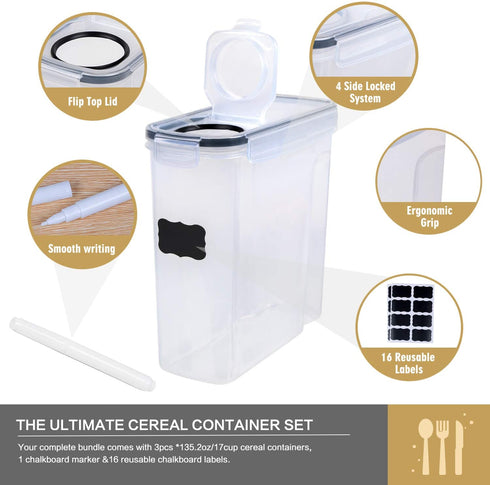 Cereal Containers Storage Set - 3 Piece Airtight Large Dry Cereal Container (135.2oz), BPA Free Dispenser Plastic Cereal Storage Containers with 16 Labels & Pen - FOOYOO
