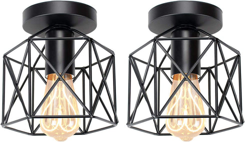 Hedume 2 Pack Semi-Flush Mount Ceiling Light, Retro Black Industrial Ceiling Light - Black Painting Metal Pendant Light Fixture for Hallway Stairway Bedroom Kitchen ( E27 )