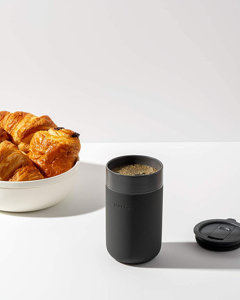 W&P Porter Ceramic Mug w/ Protective Silicone Sleeve, Charcoal 16 Ounces | On-the-Go | No Seal Tight | Reusable Cup for Coffee or Tea | Portable | Dishwasher Safe