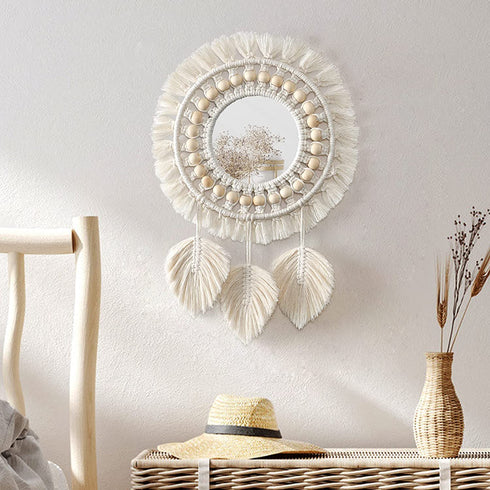 Dremisland Hanging Wall Mirror-Boho Macrame Fringe Round Decorative Mirror with Wood Beads Feather Pendant?Art Ornament for Apartment Home Bedroom Living Room