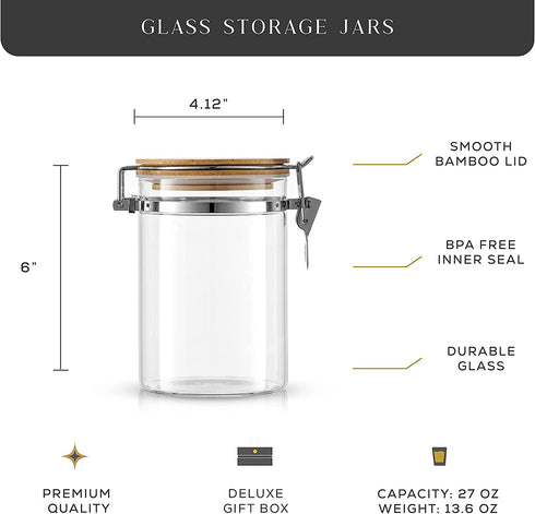 JoyJolt Borosilicate Glass Jars With Bamboo Lids (27oz). 2PC Set of Airtight Storage Jars with Clamp Lids for Pantry Storage. Air Tight Sealable Containers for Kitchen Organization.