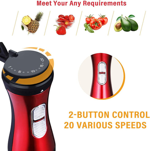 LINKChef Immersion Blender 3-in-1, 300 Watt 20 Speed Hand Blender Powerful Copper Motor 800ml Beaker, 304 Stainless Steel Whisk Attachments, Red/Black (HB-1230)