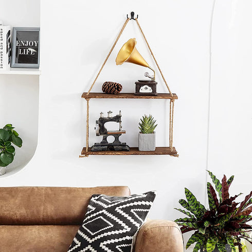 Liltime Window Plant Hanging Shelves?2 Tier Window Wall Hanging Shelf for Plant Photo Frames Decorations Display Decor for Window Kitchen Bathroom Bedroom(Rustic Brown)