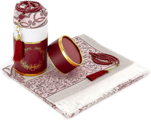 Muslim Prayer Rug and Prayer Beads with Elegant Cylinder Gift Box | Janamaz | Sajadah | Soft Islamic Prayer Rug | Islamic Gifts Set | Prayer Carpet Mat, Taffeta Fabric, Burgundy