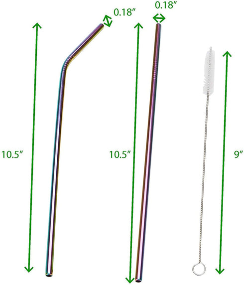 Mind Reader Stainless Steel Set, Reusable, Straight & Curved Metal Durable Drinking Straws with Cleaning Brushes-8 PK, One Size, Rainbow 8 Pack