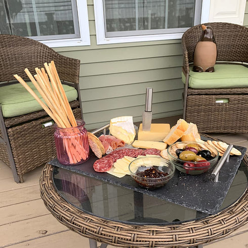 Home Basics Slate Serving Tray with Stainless Steel Handles, Gourmet Board with Natural Edge for Cheese, Appetizer, Baked Goodies, Dry Fruits, 12" x 16", Black