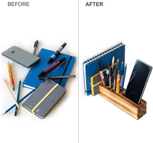 Wooden Phone Stand & Desk Pen Holder | HoffengWell Docking Station Organizer | Desktop Solid Wood Cup Pencil Storage | Office Cell Charging Organization Caddy