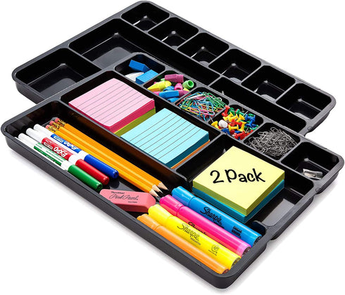 Desk Drawer Organizer Tray with 9 Storage Compartments - For Home and Office - Perfect Organizing Pens, Pencils, Paper Clips, Sticky Notes and all your Supplies - 2 Pack