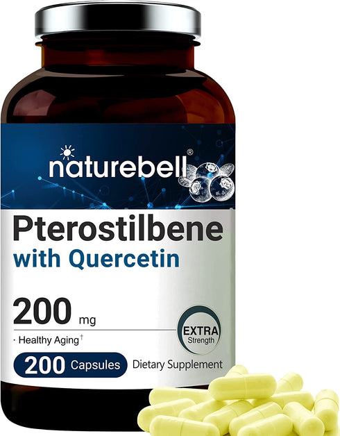 2 in 1 Formula Pterostilbene Quercetin Supplements, 200mg per Serving, 200 Capsules, Naturally Sourced from Wild Blueberry, Supports Healthy Aging, Longevity, Memory, Concentration and Cardio Health