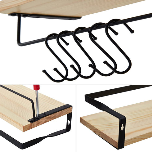 Floating Shelves for Bathroom, Kitchen, Living Room , Wood Wall Mounted Shelf for Storage, Decor, Organize, Set of 2 with 5 Hooks (Natural)