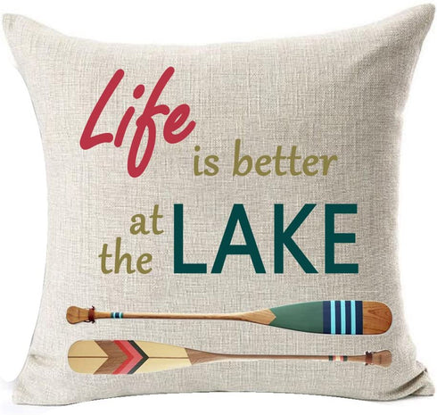 Retro Wooden Saying Life is Better at The Lake Ferry Paddle Cotton Linen Square Throw Waist Pillow Case Decorative Cushion Cover Pillowcase Sofa 18"x 18" (18x18 inches, 1)