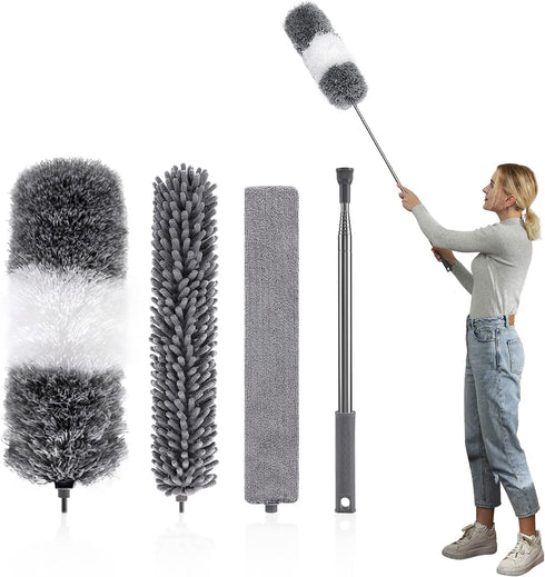 YVYV Microfiber Feather Duster 4PCS - Extendable & Bendable Dusters with Long Extension Pole , Washable Lightweight Dusters for Cleaning Ceiling Fan, High Ceiling, Blinds, Furniture, Cars