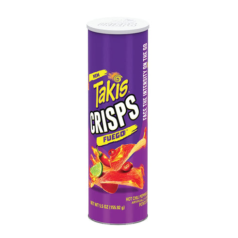 Takis Crisps Fuego Potato Crisps, Hot Chili Pepper and Lime Artificially Flavored, 5.5 Ounce Canister
