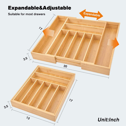 Bamboo Expandable Drawer Organizer for Kitchen Utensils ,Multifunctional Silverware Organizer/Flatware Drawer Organizer and Cutlery Tray for Silverware, Flatware, Knives .etc( 9 Slots ,Natural)