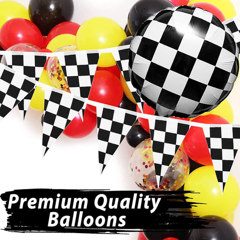 Racing Car Balloon Garland Kit, 126 Pcs Yellow Black Confetti Balloon Arch with 100ft Checkered Flags Banner Checkered Foil Balloons for Let's Go Racing Racing Car Party Decoration