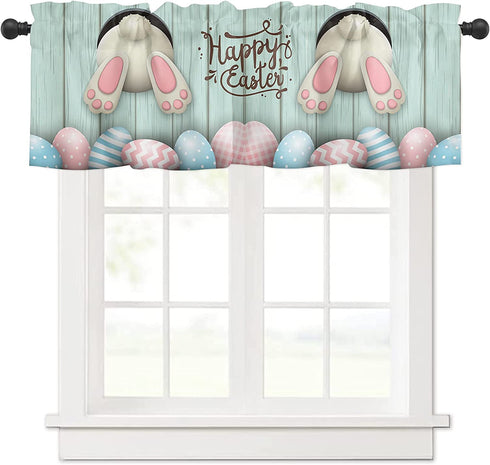 1PC Happy Easter Eggs Window Treatment Valance for Kitchens, Bathrooms, Decorative Rod Pocket Curtain Valance Short Winow Valance Curtains, 52" W x 18" L, Funny Rabbit Wooden Planks