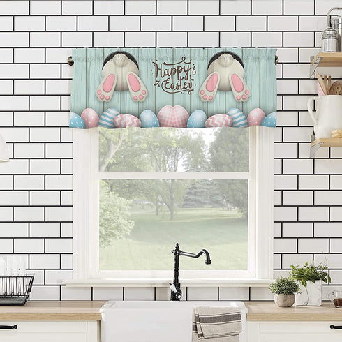 1PC Happy Easter Eggs Window Treatment Valance for Kitchens, Bathrooms, Decorative Rod Pocket Curtain Valance Short Winow Valance Curtains, 52" W x 18" L, Funny Rabbit Wooden Planks