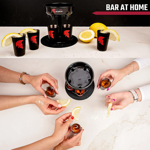 Spear Shot Dispenser with 5 Glasses Pack Premium Quality Hard Plastic Liquid Pourer and Holder - Durable Stainless Steel Glass Smart Gadget Multiple Shots for Party Fiesta Holiday with Family Friends