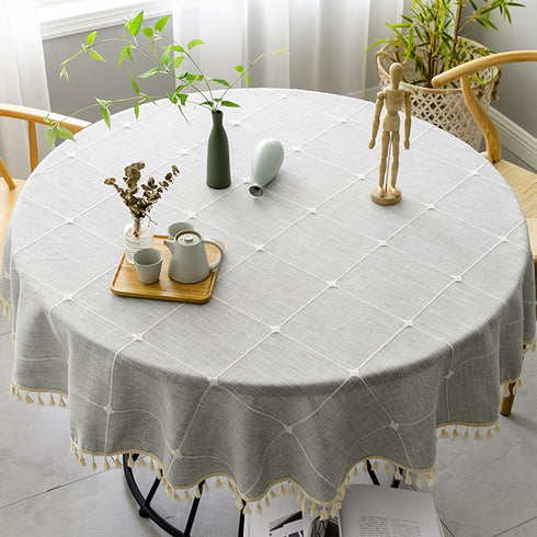 Lipo Round Tablecloth Rustic Embroidery Fabric with Tassel - Waterproof Table Clothes for Round Tables Wrinkle Free Stain Resistant Outdoor Table Cover for Party Dining Round Tablecloths Grey 55 Inch