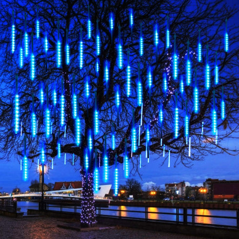 Meteor Shower Lights Outdoor, 11.8 Inch 8 Tubes 192 LED Snowfall Lights, Waterproof Meteor Christmas Lights, Hanging Falling Rain Lights for Tree Bushes Holiday Party Christmas Decoration, Blue