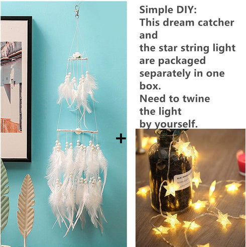 Dremisland Double Circle White Feather Dream Catcher with Mobile LED Fairy Lights Wall Hanging Ornaments Ceiling Decor for Bedroom Decor Wedding Decorations Boho Chic Party Nursery Decor
