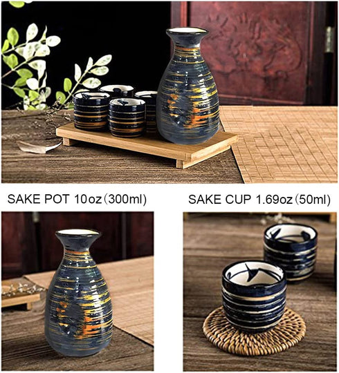 Sake Set Blue Japanese 5 Pcs Traditional Japan Sake Cup Set Hand Painted Design Porcelain Pottery Ceramic Cups Crafts Wine Glasses Gifts (Blue Rich, 300 ML)