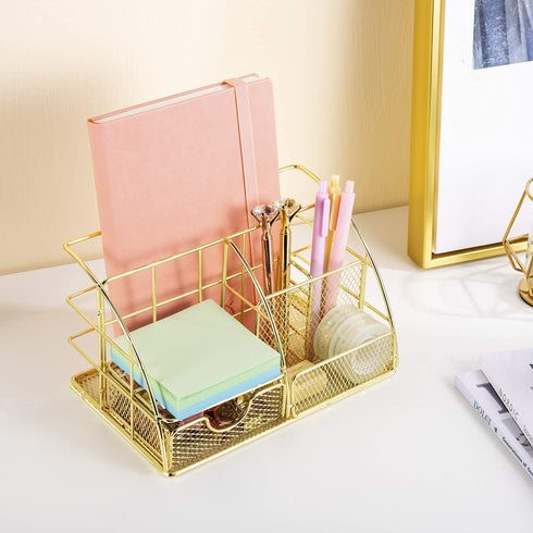 Desk Organizer for Women,Cute Mesh Office Supplies Accessories Essentials Caddy with 5 Compartments+1 Mini Sliding Drawer for Home & Office Desktop Organization & Decor, Gold