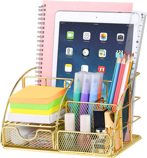 Desk Organizer for Women,Cute Mesh Office Supplies Accessories Essentials Caddy with 5 Compartments+1 Mini Sliding Drawer for Home & Office Desktop Organization & Decor, Gold