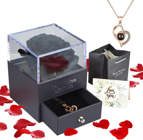 Floridliving Rose with Necklace,Preserved Rose with Heart I Love You Necklace 100 Languages Gift Set,Handmade Forever Rose Flower with Box for Valentine's Day,Wedding Gifts(Black)