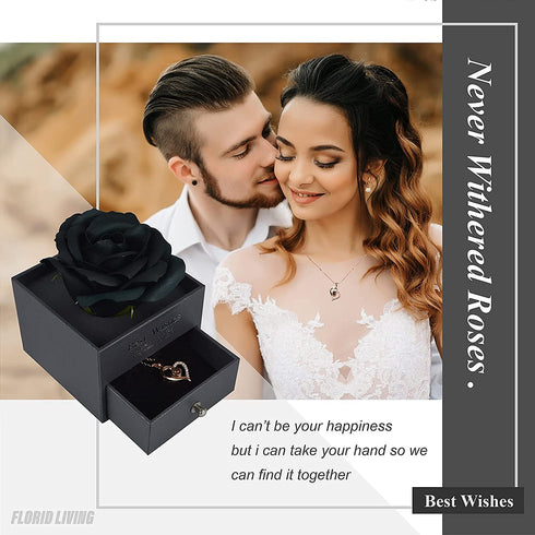 Floridliving Rose with Necklace,Preserved Rose with Heart I Love You Necklace 100 Languages Gift Set,Handmade Forever Rose Flower with Box for Valentine's Day,Wedding Gifts(Black)