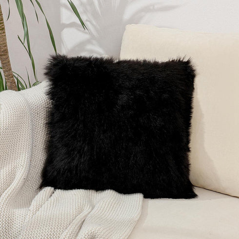 No Insert Faux Fur Sheepskin Throw Pillow Cover 18x18 Set of 2 Merino Style Super Soft Fluffy Cushion Fuzzy Pillow Case New Luxury Series for Livingroom Couch Sofa Bed Home Decor LINMOPM (Black)