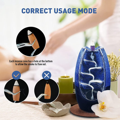 Ronlap Dual Sided Incense Waterfall Burner, Ceramic Backflow Smoke Incense Holder, Cool Aromatherapy Fountain Reverse Smoke Waterfall with 120 Incense Cones+30 Incense Sticks+1 Tweezer+1 Mat, Navy