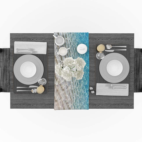 Blue Yellow Cotton Linen Table Runner Dresser Scarf Tropical Sandy Beach Clear Sea Water Non-Slip Burlap Rectangle Table Setting Decor for Wedding Party Holiday Dining Home, 13x70 Inches Long