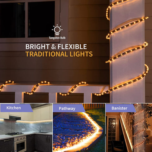 36Ft Rice Rope Lights, Outdoor Christmas Lights Plug-in, Connectable and Cuttable Commercial Grade Warm Rope Lights with Screws and Clamps, for Balcony Roof Porch Indoor Outdoor Christmas Decoration