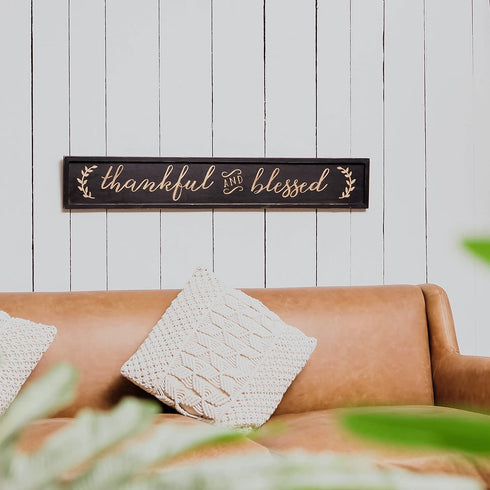NIKKY HOME Thankful and Blessed Carved Wood Framed Wall Plaque Sign with Inspirational Quote, 36" x 5.9", Black