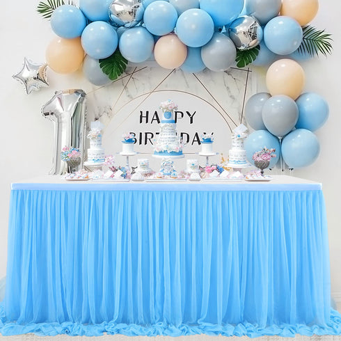 Tulle Blue Table Skirt 6FT Tulle Tablecloth Wrinkle Free Tutu Table Skirts for Birthday Party Baby Shower Wedding Bridal Shower Home Decor