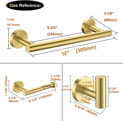 Nolimas 3-Pieces Brushed Gold Bathroom Hardware Set SUS304 Stainless Steel Round Wall Mounted Includes 12" Hand Towel Bar,Toilet Paper Holder,Robe Towel Hooks,Bathroom Accessories Kit