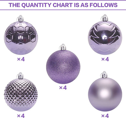 MoonXmas 20PCS Christmas Ball Ornaments Set, Shatterproof Decorations for Xmas Tree, Home Decor for Party, Holiday, Wedding, Anniversary, Halloween, Xmas Ornament - 3.14"/80MM, Purple.