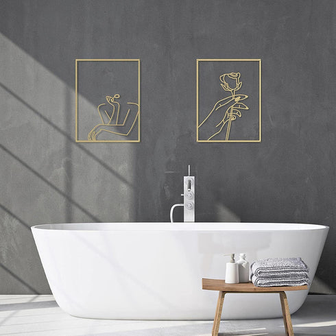 Hotop 2 Pieces Modern Minimalist Abstract Line Art Decor Minimalist Line Drawing Wall Art Decor Line Drawing Metal Wall Art Poster Abstract Woman's Body Shape Art Print for Bedroom Living Room (Gold)